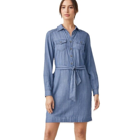 Banana Republic Chambray Shirt Dress Belted Tie Waist Long Sleeve Blue Size 2 - Picture 1 of 9